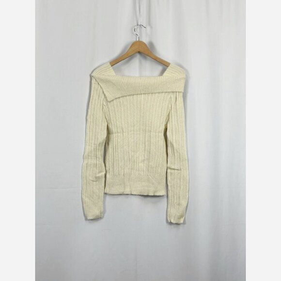 Cream Partial Off Shoulder Sweater – Soft Ribbed Knit - Picture 7 of 9